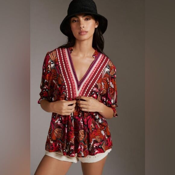 Anthropologie  STEPHANIE Extra Small Petite Red Brown Butterfly Blouse EUC - Picture 1 of 4